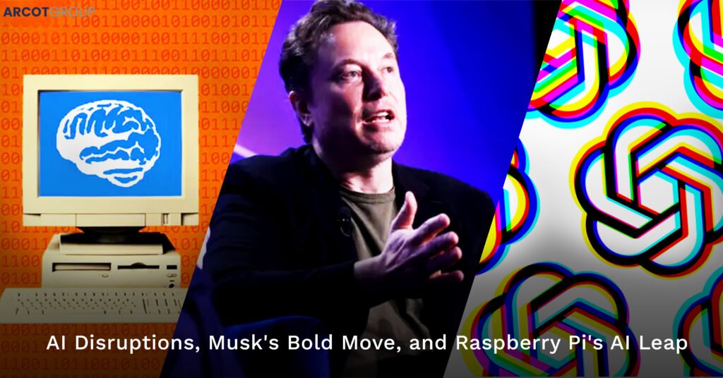 Graphic depicting Elon Musk discussing technology, alongside images of a brain on a computer screen and colorful abstract AI icons, titled 'AI Disruptions, Musk's Bold Move, and Raspberry Pi's AI Leap' for Arcot Group."