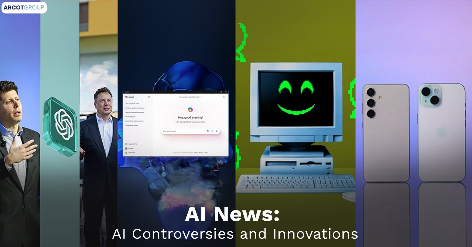 Collage for 'AI News: AI Controversies and Innovations' featuring images of Sam Altman, Elon Musk, ChatGPT interface, a smiling retro computer, and the latest iPhone models. The background includes segments in blue and purple, highlighting technological themes.