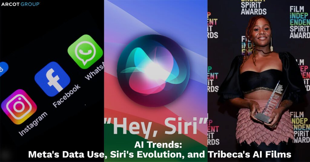 Promotional image for an article titled 'AI Trends: Meta's Data Use, Siri's Evolution, and Tribeca's AI Films'. The left side shows app icons from Meta's platforms like Facebook, WhatsApp, and Instagram. The center features a colorful, glowing Siri logo. On the right, filmmaker Nikyatu Jusu poses with an award at the Spirit Awards, representing Tribeca's AI Films segment.