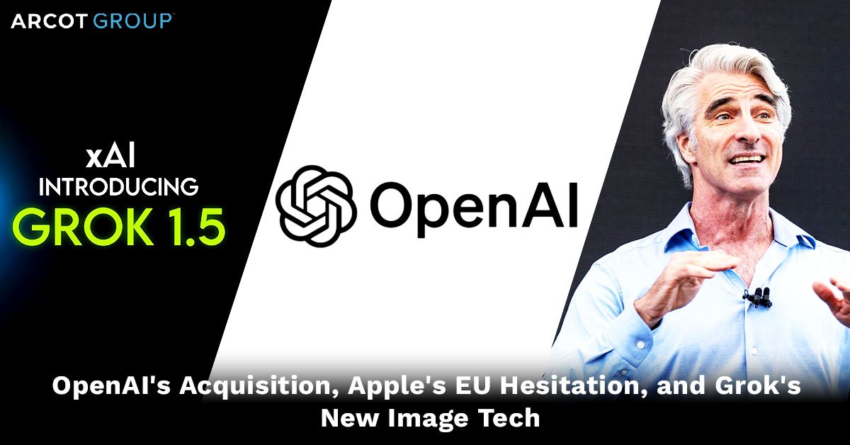 "Promotional image for Arcot Group featuring logos of xAI and OpenAI with the text 'xAI introducing Grok 1.5' and a dynamic image of a man speaking energetically about OpenAI's acquisition, Apple's EU regulatory challenges, and new image technology by Grok."