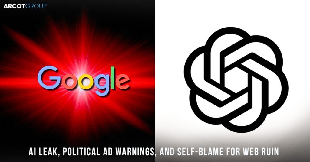 Google logo on a red burst background alongside a black and white AI symbol, with text: AI Leak, Political Ad Warnings, and Self-Blame for Web Ruin."